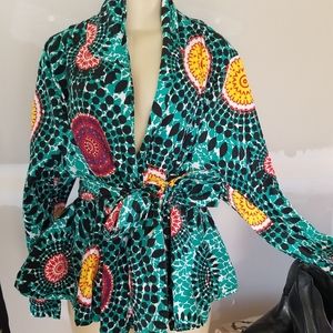 Tribal print belted shirt jacket